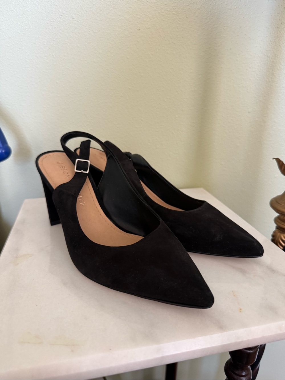 Gibson Latimer Black Suede Pointed-Toe Slingback Heels